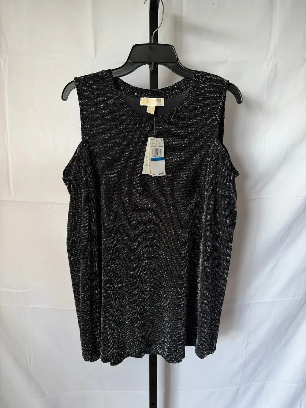 Michael Kors Black & Silver Metallic Brilliance Cold Shoulder Top Sz L NWT